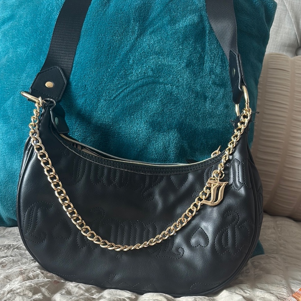 Juicy Couture Black Leather Shoulder Purse Bag with Gold Chain